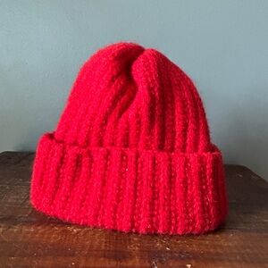 Red Beanie Hat Childs Handmade Red Ribbed Warm Unisex Design | 18 inches